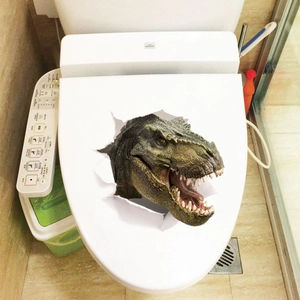 3D realistic dinosaur wall decal featuring a T-Rex head breaking through the toilet lid