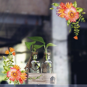 Dual glass hydroponic vases in wooden base with HOME logo and hemp rope accents