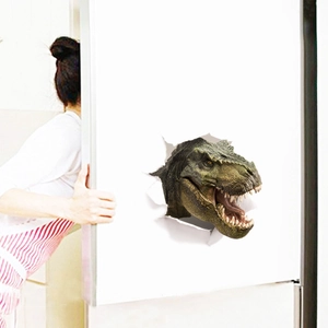 Realistic 3D T-Rex dinosaur wall sticker showing a head breaking through the fridge door
