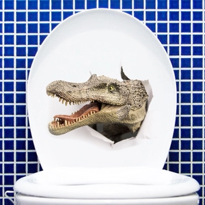 3D realistic dinosaur head wall sticker breaking through a toilet lid for home decor