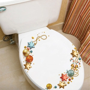 Detailed Christmas toilet seat decal featuring festive gold stars and colorful ornaments