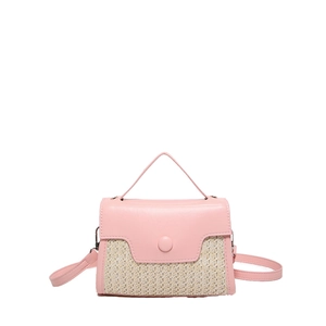 Pink faux leather and woven straw crossbody bag with magnetic buckle and shoulder strap