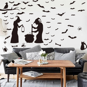 Halloween witch cauldron wall sticker set with bats and black cat silhouette decor