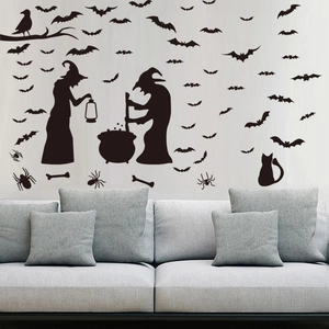 Halloween Wall Stickers PVC Waterproof Removable Witch Bat Silhouette Decals For Home Party Decoration