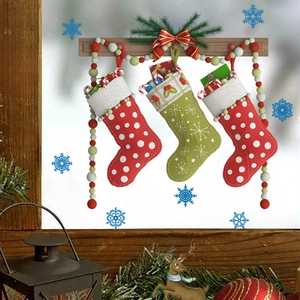 Stickers Muraux Chaussette de Noël Imperméable PVC Décalcomanies Dessin Animé Flocons de Neige Pois pour Chambre d'Enfant Placard Fête de Noël Décoration