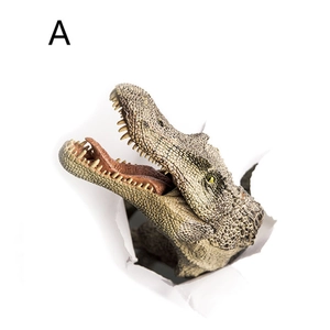 Realistic 3D dinosaur head wall sticker appearing to break through a white wall surface