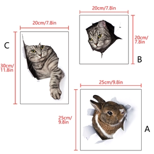 3D realistic wall stickers featuring cat and rabbit designs with dimensions indicated