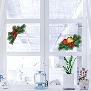 Detailed Christmas window decals featuring poinsettia flowers and festive ornaments