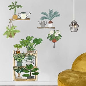 Creative hand-drawn green plant wall stickers with shelves for living room decor