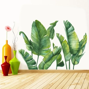 Detail of realistic green tropical banana leaf wall stickers with vivid leaf textures