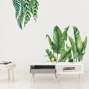 Detail of watercolor tropical plant wall stickers with hanging fern and banana leaves