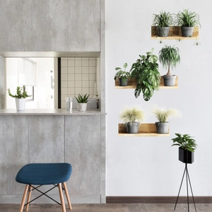 Detail of three-tier wood floating shelves with potted greenery and a black metal floor stand