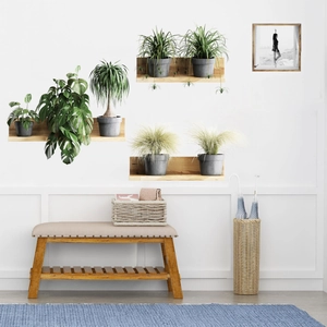 Nordic wall shelf set with artificial green plants and wooden storage bench decor