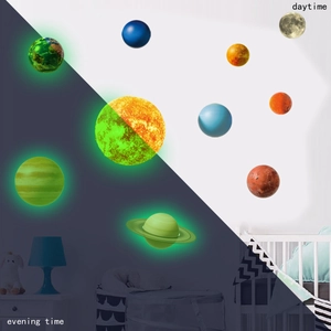 Glow-in-the-dark solar system wall stickers showing daytime and nighttime luminescent effects