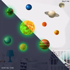 Glow-in-the-dark solar system wall stickers showing day and night luminous effect
