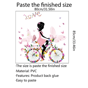 Détail sticker mural fille sur vélo de fleurs en PVC avec dimensions de 80x85cm