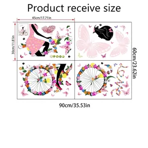 Tableau des tailles pour autocollants muraux fille à vélo fleuri lot de 4 feuilles PVC