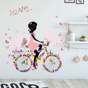 Autocollants Muraux PVC Imperméable Fille Romantique Sur Vélo À Fleurs Papillons Amour Décalcomanies Art Pour Chambre Salon
