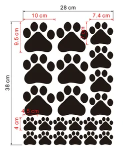 Detailed size chart for dog paw print wall stickers showing dimensions in cm