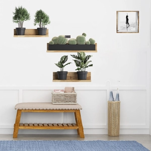 Minimalist wooden floating shelves with green plants decoration on white wall
