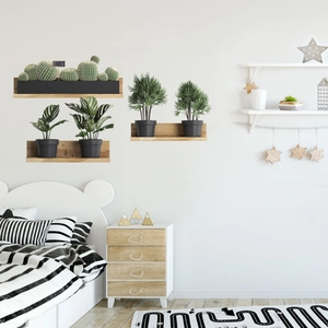 Three-piece wall-mounted floating wood shelves set with natural light wood grain finish