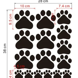 Sizing chart for colorful dog and cat paw print wall stickers with various dimensions