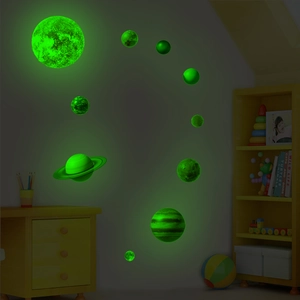 Luminous solar system wall stickers with green glow effect for kids bedroom decor