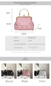 Detailed size chart and multi-color view of a heart-shaped evening bag with metal handle