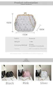 Detailed view of sequined heart shell bag with dimensions 17x15x10cm and gold chain strap