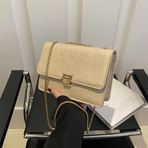 Sac Carré Femme Rétro Motif Crocodile Cuir PU Chaîne Sac à Épaule Bandoulière Serrure Métallique Or Sac Sous l'Aisselle