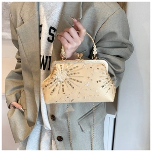Dettaglio pochette da sera champagne con paillettes e manico ad anello tenuta dalla modella