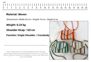 Detailed size specifications for woven striped crossbody bag 20x14x8cm with 120cm strap