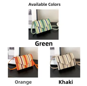 Three variants of woven envelope crossbody bags in green, orange and khaki colors