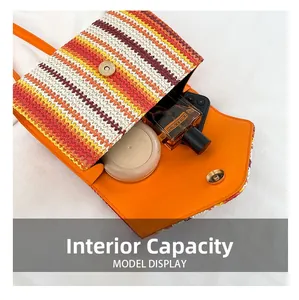 Detail of colorful woven crossbody bag showing spacious interior for daily items
