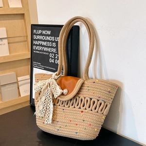 Women Woven Shoulder Bag Summer Beach Tote Colorful Dots Artificial Pearl Buckle Leather Flap Hollow Design Fashion Handbag