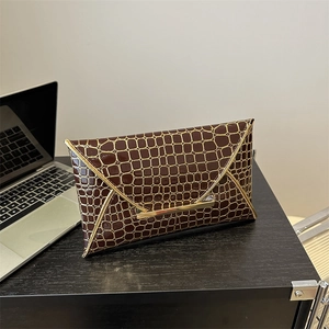 Damen Umschlag Clutch Tasche Krokodilmuster PU Leder Elegante Abendhandtasche Gold Metallbesatz Glänzend Retro Unifarbe