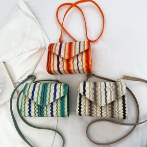 Ethnic woven crossbody square bag with colorful stripes and leather shoulder strap