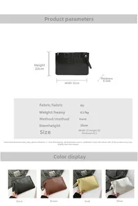 Detail guide showing dimensions and colors of the faux crocodile leather clutch bag