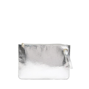 Silver crocodile embossed underarm bag with gold zipper and wristlet strap for women