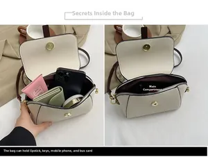 Detail view of the beige crossbody bag interior showing storage for phone and makeup