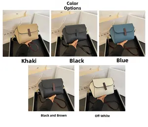 Five stylish crossbody shell bags displayed in khaki, black, blue, bicolor, and off-white