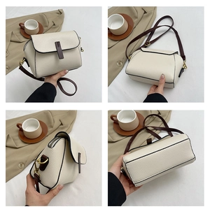 Multi-angle view of beige lychee grain shell bag with brown trim and gold hardware