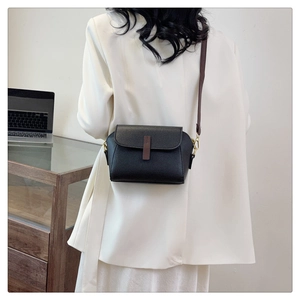 Detail of contrast-color leather crossbody bag with lychee grain texture and gold hardware
