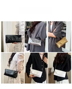 Crocodile pattern envelope clutch bags with metal chain in black, silver, gold, and white