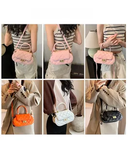 Quilted crossbody bag details showing four colors and various styling options for women