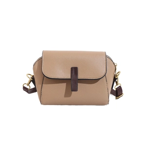 Minimalist bicolor square crossbody bag in beige litchi leather with brown flap