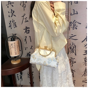 Detail of white vintage kiss-lock bag with blue and gold butterfly embroidery and gold chain