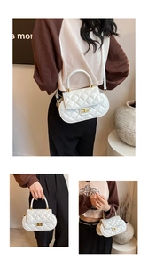 Close-up of white quilted rhombic texture and golden twist lock on a crossbody bag