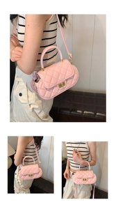 Three lifestyle views of a pink quilted crossbody bag with a gold lock and chain strap