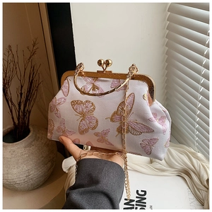 Close-up of vintage frame bag featuring delicate butterfly embroidery and gold chain strap